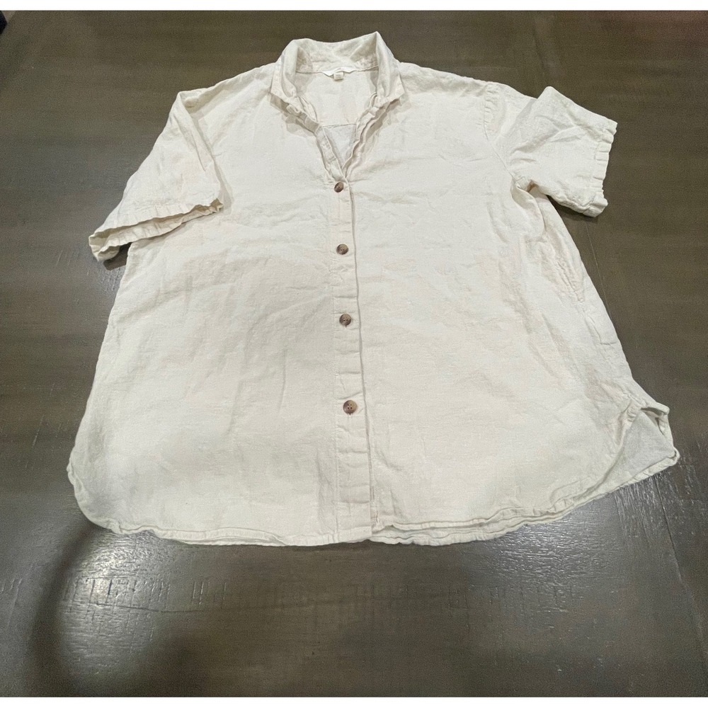 H&M Linen Blend Button Down Top Short Sleeve Casual Beige Womens Size M